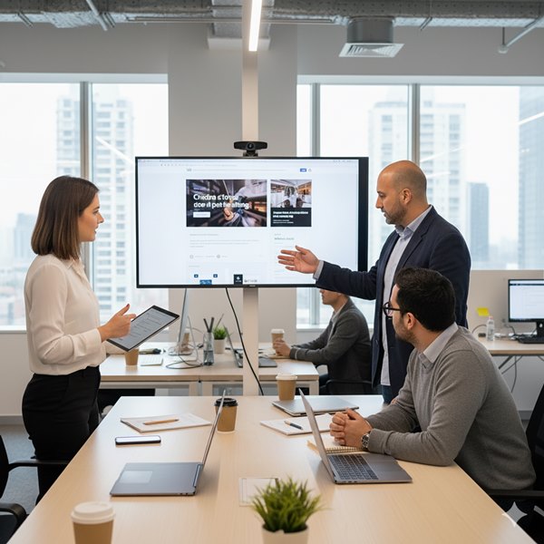 Un equipo de tres personas en una oficina moderna discutiendo el diseño web. Alexander de Koe, vestido con una camisa azul y una chaqueta azul oscuro, está de pie señalando una pantalla grande que muestra un diseño web. Una mujer con camisa blanca y pantalones negros está de pie a la izquierda, sosteniendo una tableta y escuchando atentamente. Otro hombre con gafas y un suéter gris está sentado en el escritorio, con las manos entrelazadas, mirando al hombre que habla. En el escritorio hay ordenadores portátiles, tazas de café y documentos. El fondo muestra una oficina moderna con grandes ventanas y vistas a edificios.